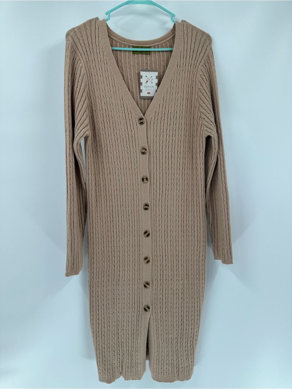 Dream Kiss Button-Front Ribbed Knit Long Soft Sweater Dress Cardigan Tan Stretch